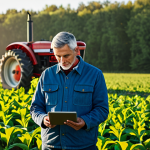 A serene, experienced farmer with well-formed hands, wearing modest, practical farm attire, stands in a sunlit traditional field with a vintage tractor. On the other side, a young, professional agricultural strategist, fully clothed in modern, appropriate work attire, reviews data on a tablet in a high-tech field with visible autonomous farm equipment and a drone in the distance. This split scene embodies the transition from intuition to informed strategy. Both figures display perfect anatomy, correct proportions, and natural poses. The image is safe for work, appropriate content, and family-friendly, rendered with professional photography and high quality.