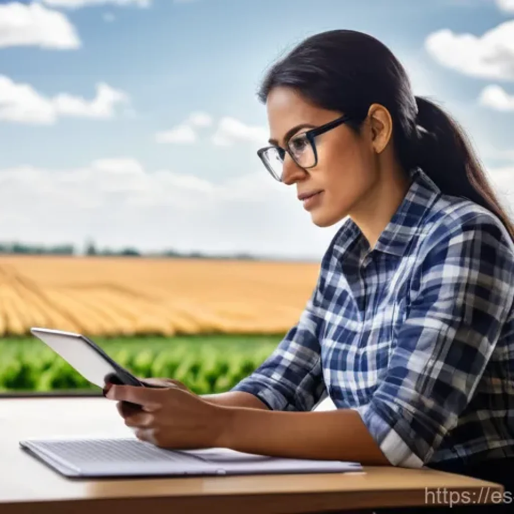 농업경영사 학습 자료 추천 - **Prompt:** A focused, modern Hispanic farmer, a woman in her late 30s, is diligently working at a s...