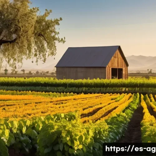 농업경영사와 환경친화적 농업 사례 - **A picturesque, vibrant sustainable farm in a warm climate, bathed in golden hour sunlight.** The s...