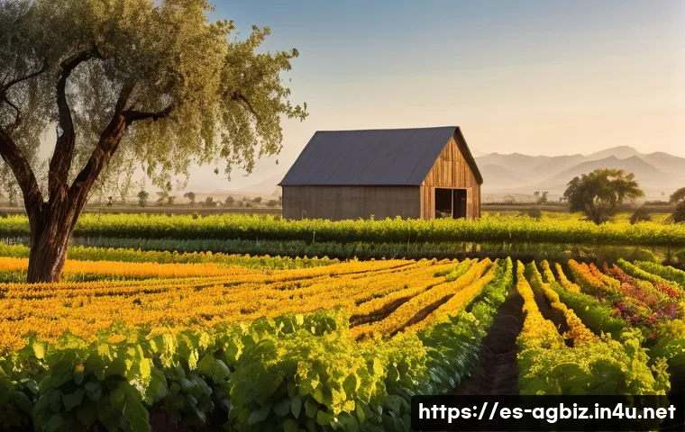 농업경영사와 환경친화적 농업 사례 - **A picturesque, vibrant sustainable farm in a warm climate, bathed in golden hour sunlight.** The s...