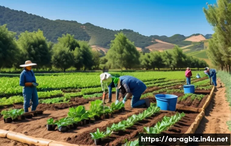 농업경영사 자격증 관련 실습 경험 - A vibrant agroecological farm scene in a rural Spanish setting, showcasing diverse crop rotation in ...