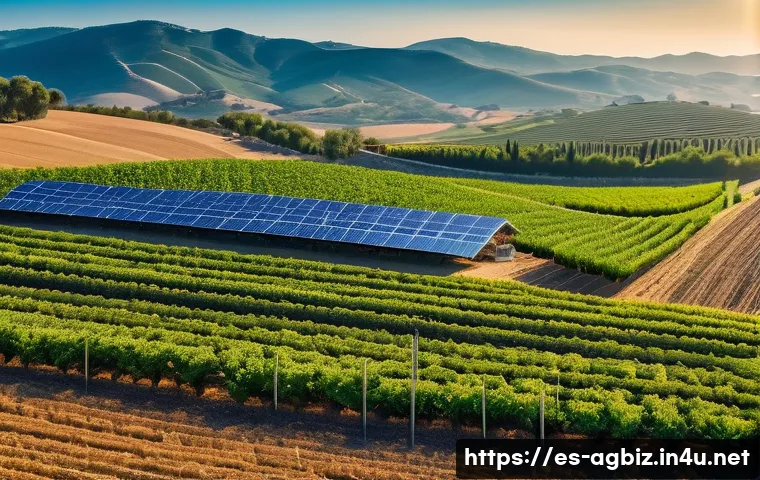 농업경영사 자격 취득을 위한 중점 과목 - A detailed, vibrant illustration of a modern Spanish agricultural farm at sunrise, featuring advance...