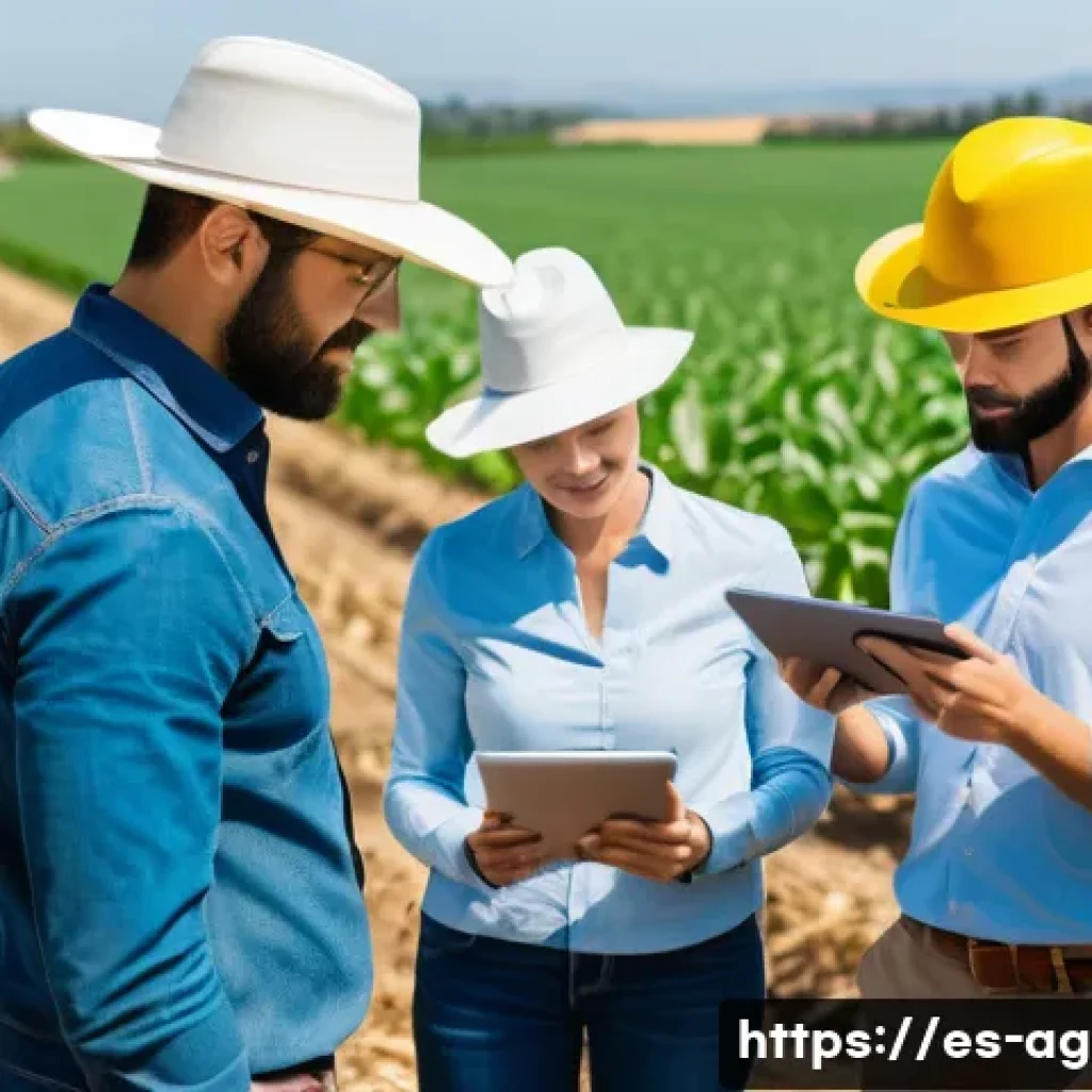 농업경영사 직무와 일반 농업의 차이점 - A modern agricultural management scene showing a diverse team of professionals in a sunny outdoor fa...