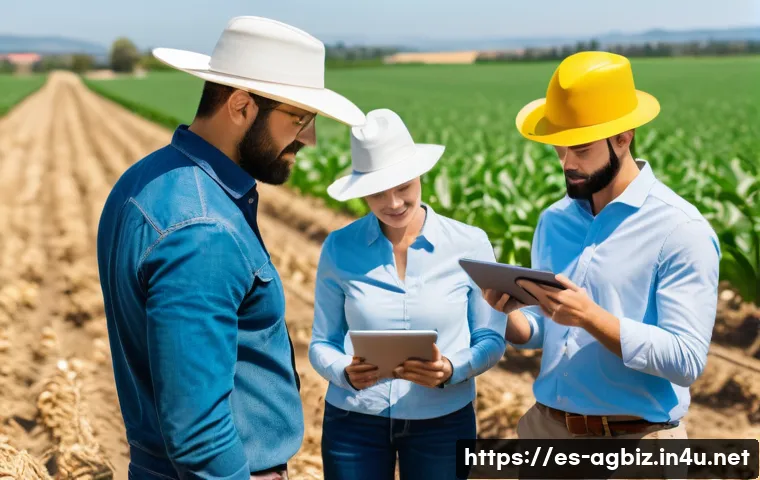 농업경영사 직무와 일반 농업의 차이점 - A modern agricultural management scene showing a diverse team of professionals in a sunny outdoor fa...