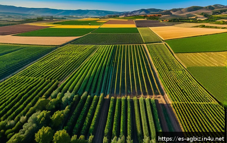 농업경영사 업무 효율성을 높이는 방법 - A vibrant aerial view of a modern agricultural field in Spain, captured during early morning light. ...