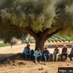 농업경영사 직업 만족도와 장단점 - A vibrant rural farming scene in a sunny Spanish countryside during harvest season, featuring divers...