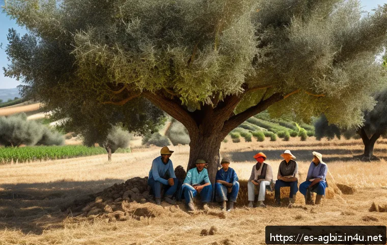 농업경영사 직업 만족도와 장단점 - A vibrant rural farming scene in a sunny Spanish countryside during harvest season, featuring divers...
