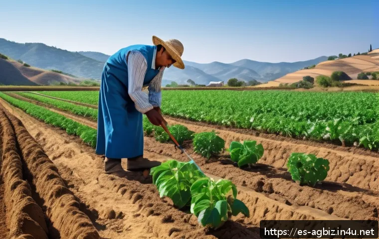 농업경영사 이론과 실무 차이점 - A detailed agricultural field scene in a warm Spanish rural region, showing a farmer in traditional ...