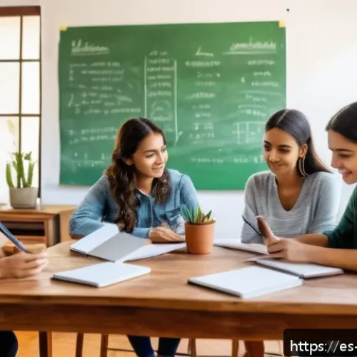 농업경영사 시험 대비 스터디 그룹 운영법 - A bright, organized study room in a Latin American home, featuring a group of diverse young adults s...