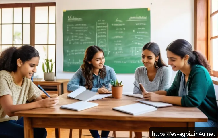농업경영사 시험 대비 스터디 그룹 운영법 - A bright, organized study room in a Latin American home, featuring a group of diverse young adults s...