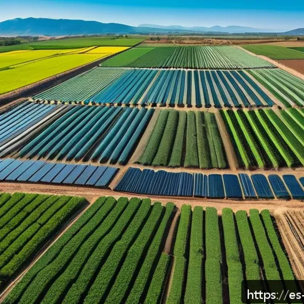 농업경영사 직무별 역할과 책임 - A detailed aerial view of a modern sustainable farm in a Spanish-speaking rural region, showcasing a...