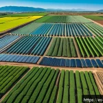 농업경영사 직무별 역할과 책임 - A detailed aerial view of a modern sustainable farm in a Spanish-speaking rural region, showcasing a...