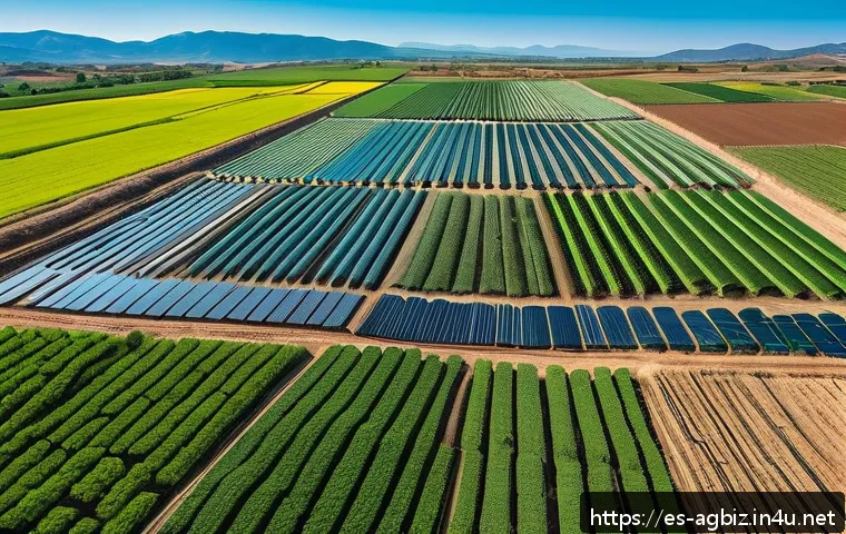 농업경영사 직무별 역할과 책임 - A detailed aerial view of a modern sustainable farm in a Spanish-speaking rural region, showcasing a...