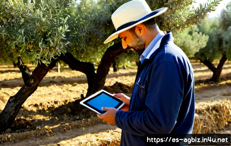 농업경영사 자격증으로 가능한 직업 - Photorealistic Spanish-speaking rural agricultural manager inspecting a thriving olive grove with a ...