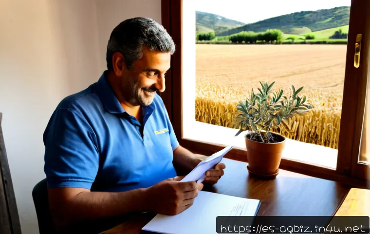 Home 17 농업경영사 시험 합격 후기 - Photorealistic rural Spanish farm office, a happy middle-aged agricultural professional seated at a ...