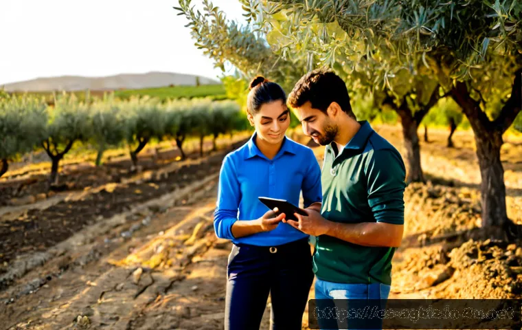 농업경영사 자격증과 농업 기술 융합 사례 - Photorealistic Spanish agricultural manager in practical field clothing reviewing a tablet with a yo...